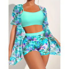 Local WarehouseFashionable Printed Slimming High Waisted Bikini Three Set Beach Vacation Sunscreen Swimsuit - kinko