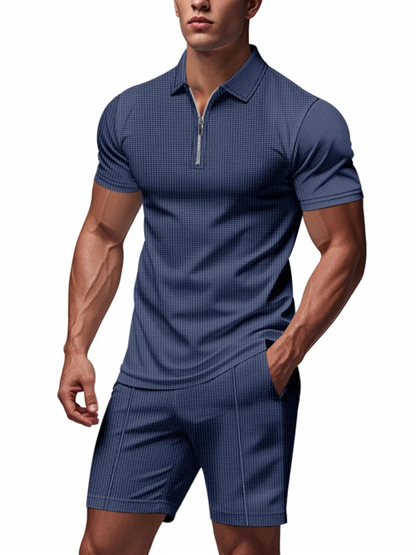 Men's Plus Size Quarter Zip Short Sleeve Top and Shorts Set - kinko
