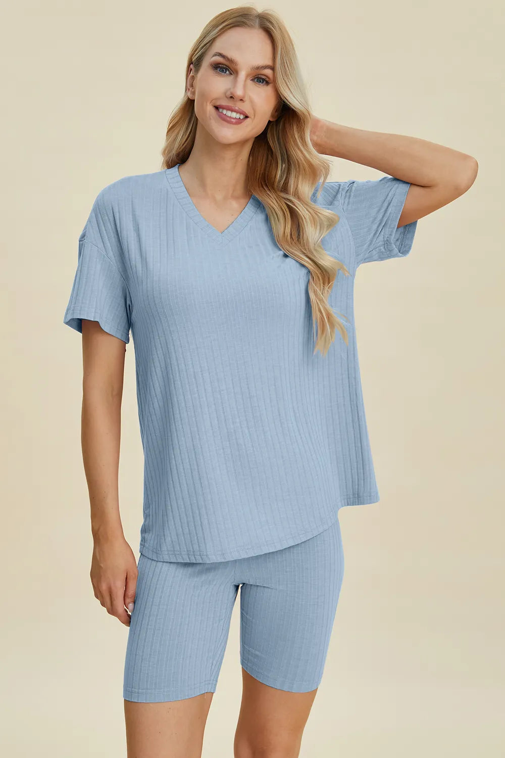 Basic Bae Full Size Ribbed V-Neck Short Sleeve Top and Shorts Set - kinko