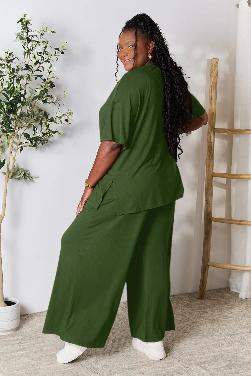 Double Take Full Size Round Neck Slit Top and Pants Set - kinko
