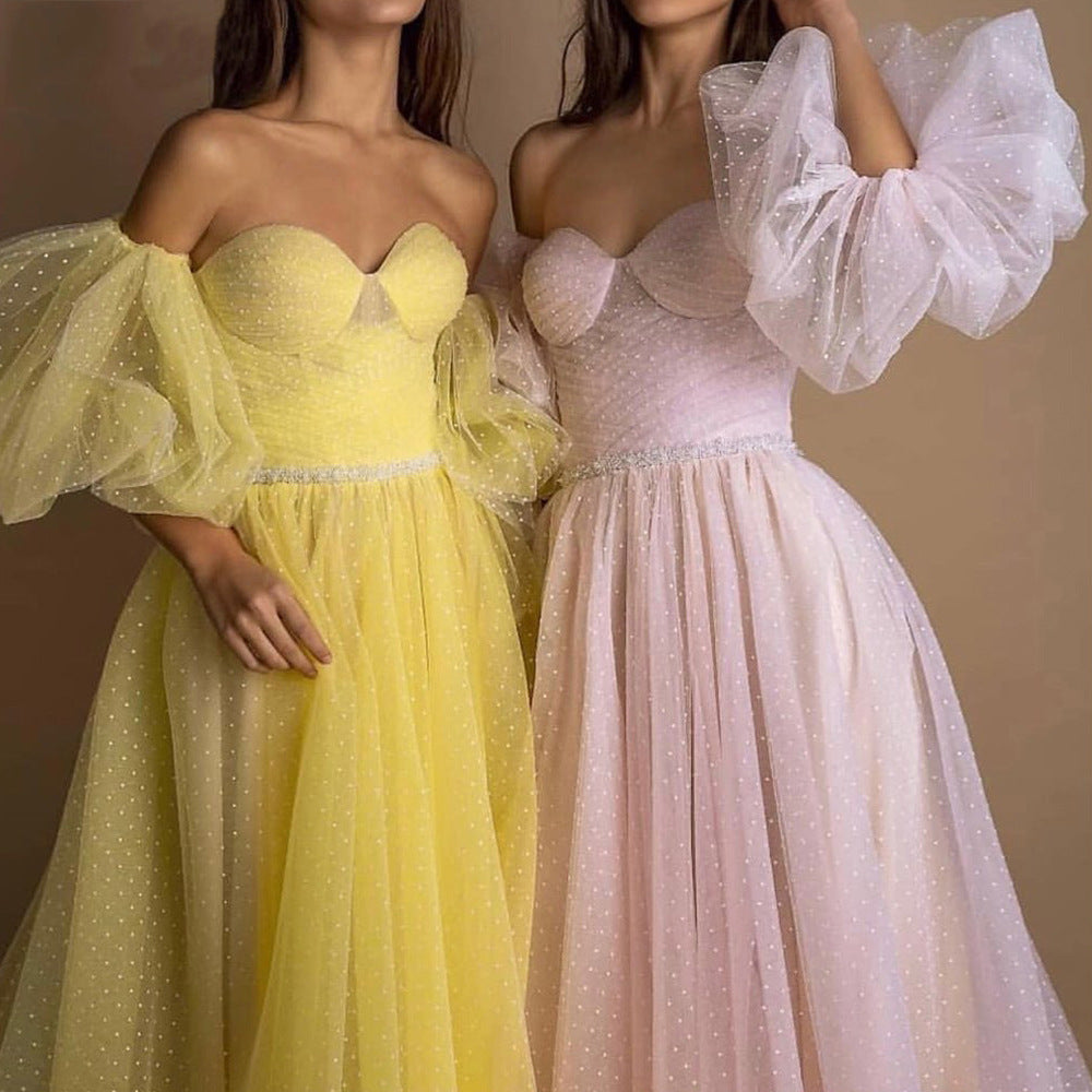 Evening Gown Tube Top Retro Lantern Sleeve Light Yarn - kinko