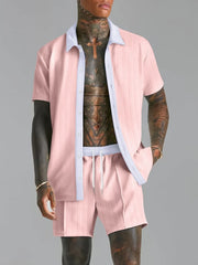 Men's Full Size Collared Neck Short Sleeve Top and Shorts Set Plus Size - kinko