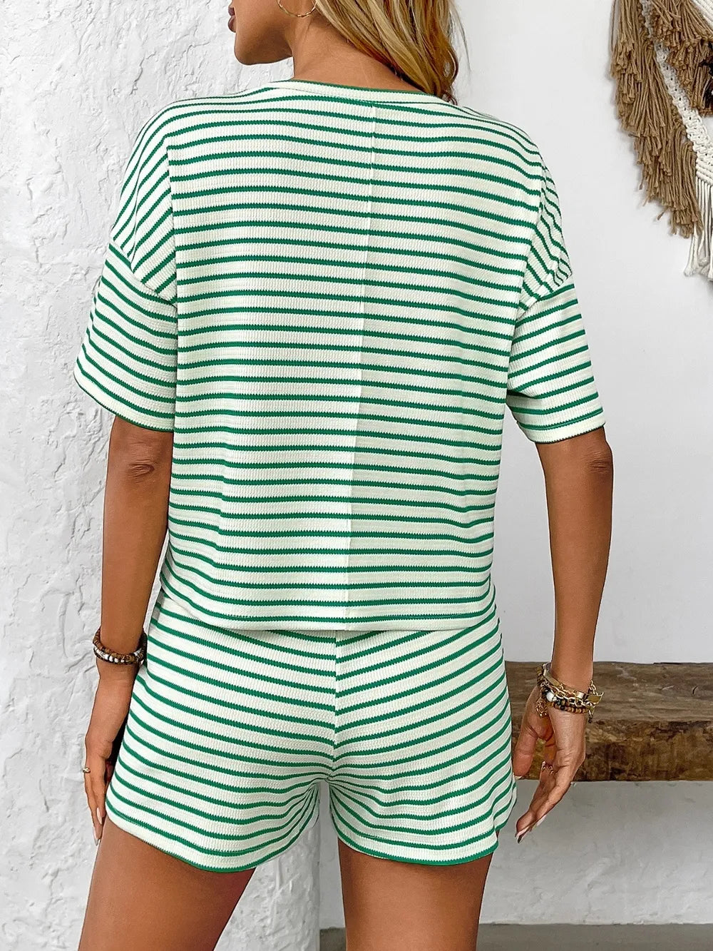 Striped Round Neck Short Sleeve Top and Shorts Set - kinko