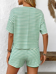 Striped Round Neck Short Sleeve Top and Shorts Set - kinko