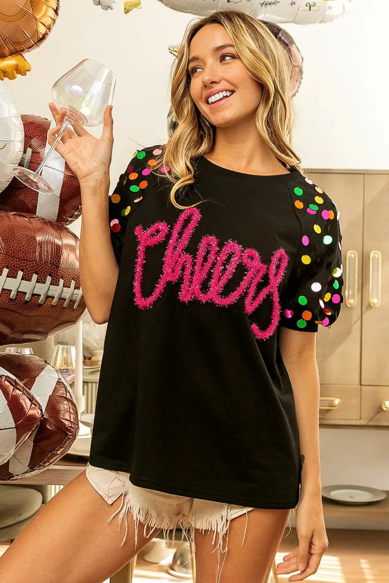 BiBi Metallic Letter Spangle Raglan Puff Sleeve Top - kinko
