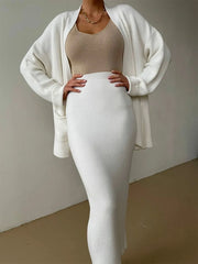 Pocketed Long Sleeve Cardigan and Skirt Sweater Set - kinko