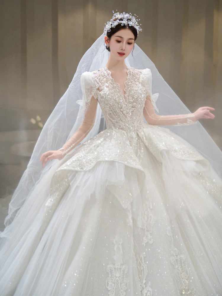 Bride Main Yarn Long Sleeve Heavy Industry Trailing French Retro Advanced - kinko