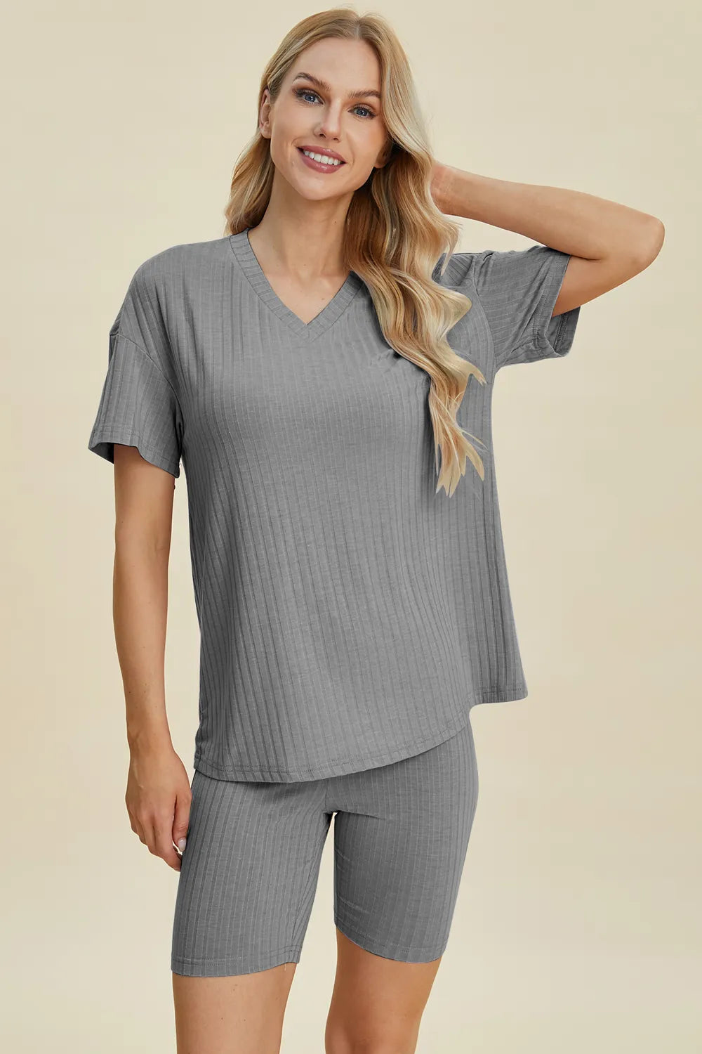Basic Bae Full Size Ribbed V-Neck Short Sleeve Top and Shorts Set - kinko