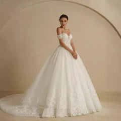 Off-shoulder Bridal Main Wedding Dress Elegant Court Style High-grade Luxury French Light Door Yarn - kinko