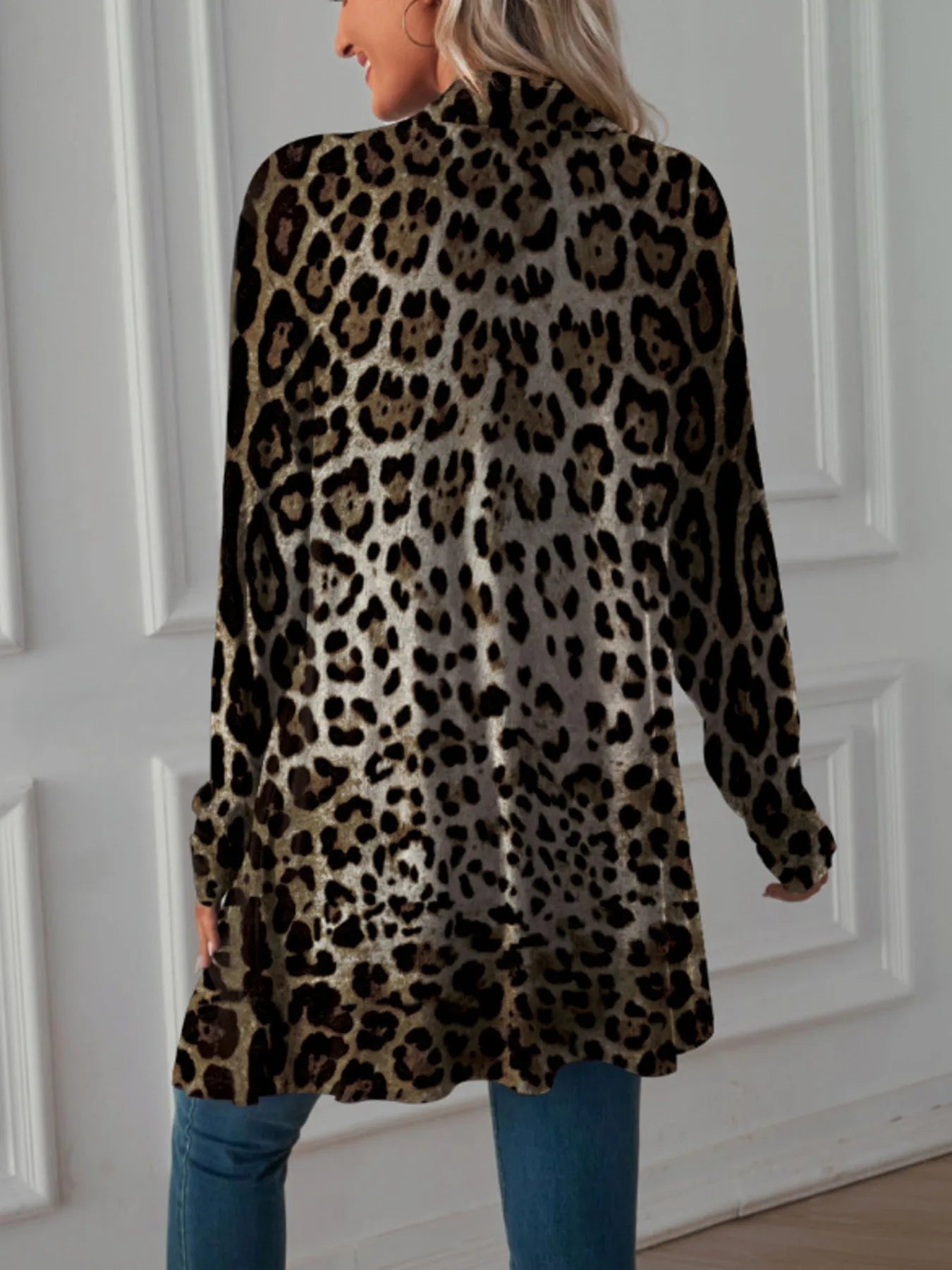 Leopard Print Long Open Front Cardigan - kinko