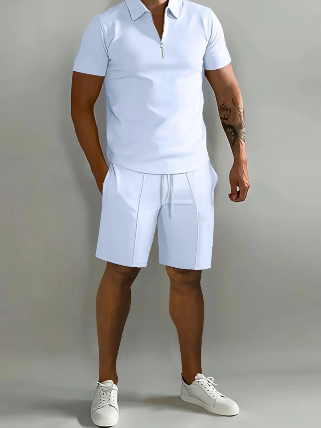 Men's Full Size Collared Neck Short Sleeve Top and Shorts Set Plus Size - kinko
