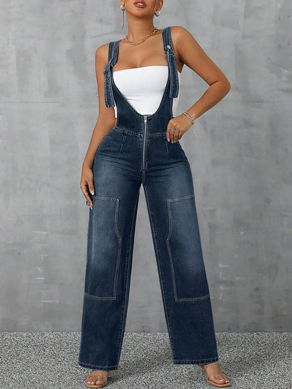 Zip Front Wide Strap Denim Overalls - kinko