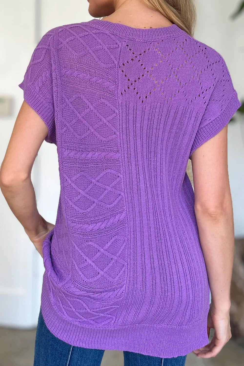 Double Take Full Size Cable-Knit Round Neck Cap Sleeve Sweater - kinko