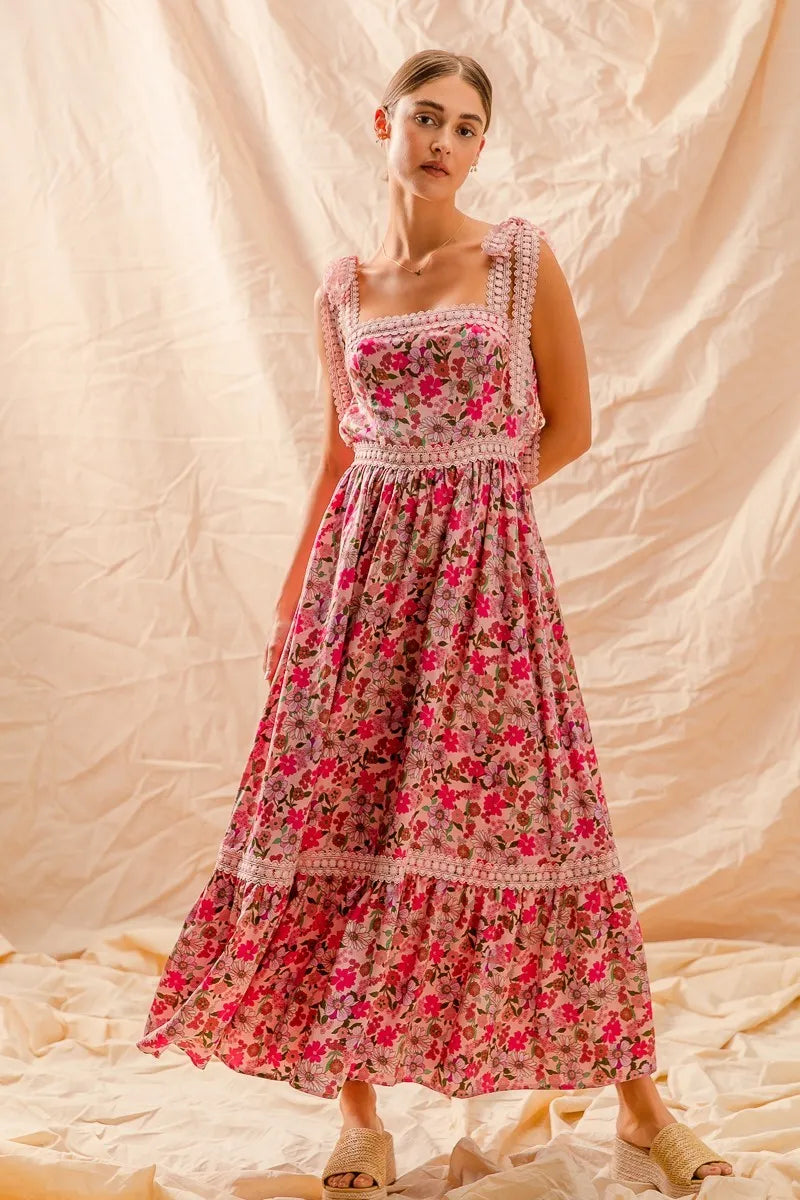 SO ME Floral Maxi Dress With Ribbon Tie Lace Strap - kinko