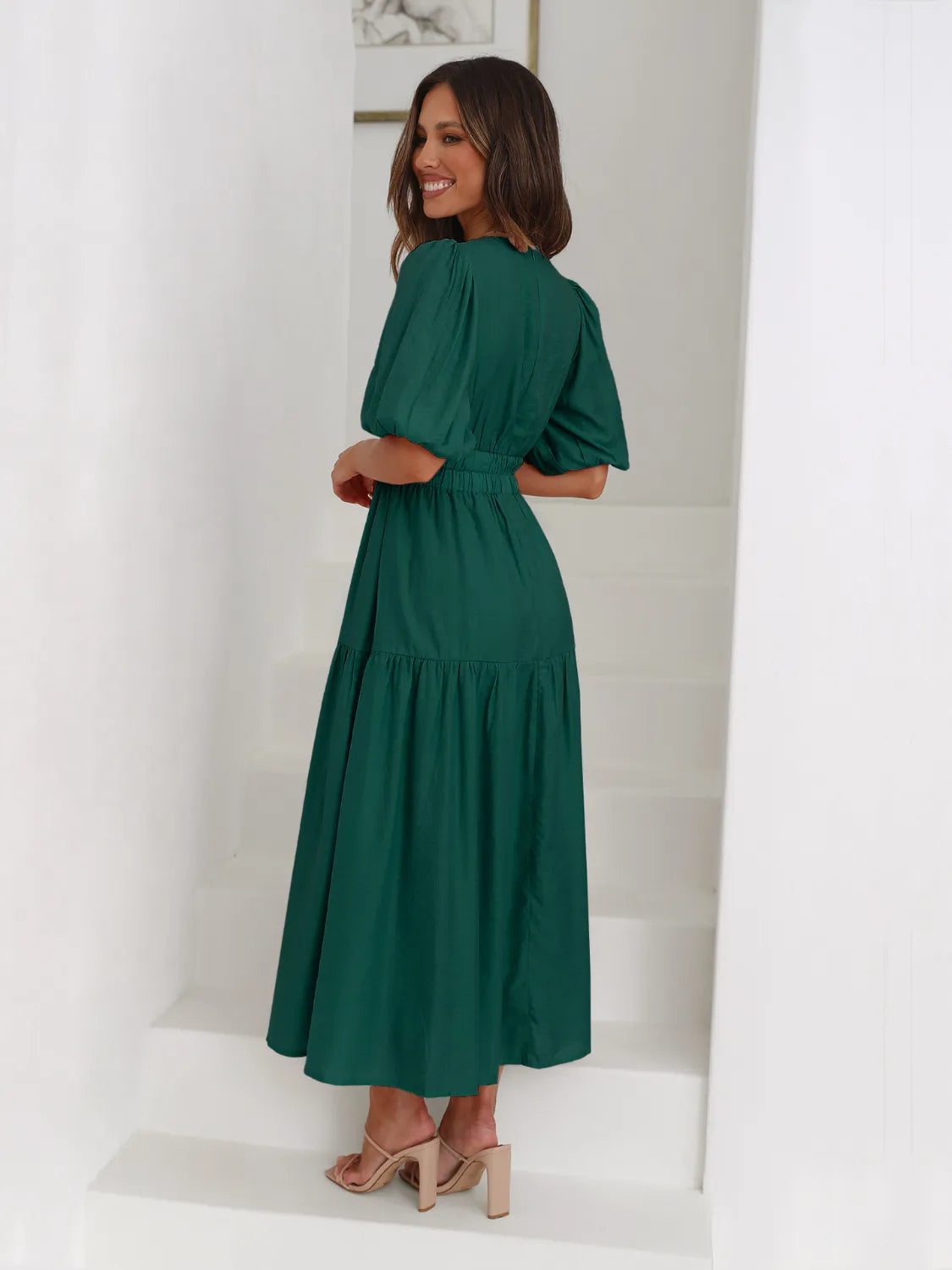 Tiered Surplice Half Sleeve Midi Dress - kinko