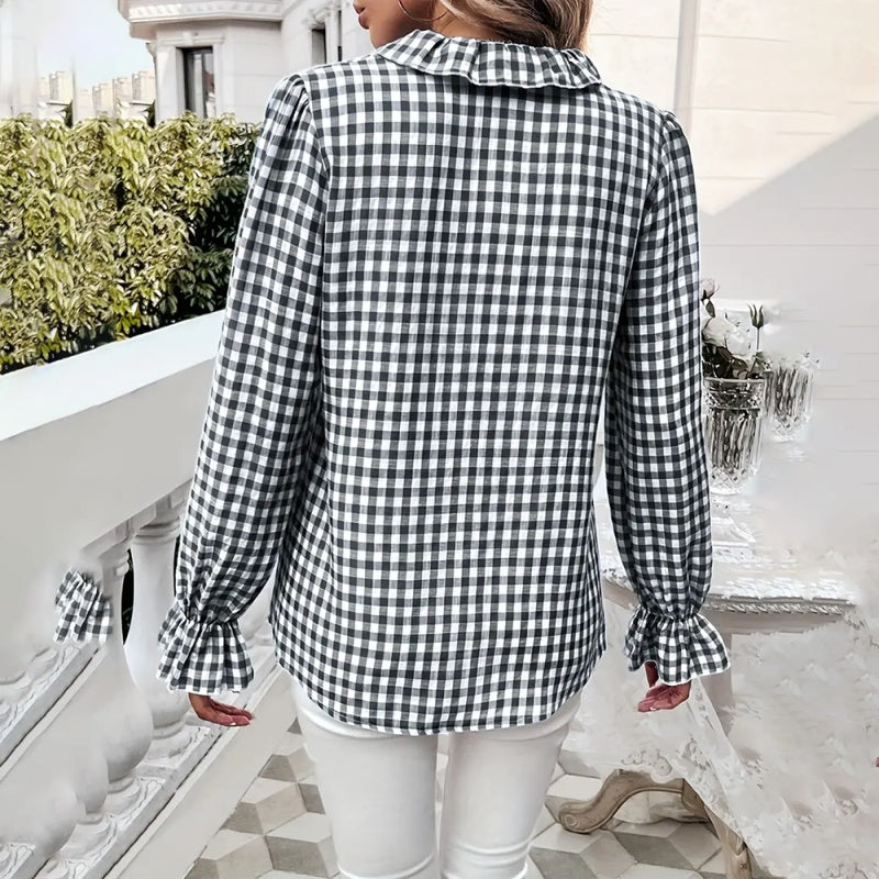 Women's French Style Checkered Button-Up Shirt - Elegant Plaid Pattern, Stand Collar With Ruffled Cuffs, Comfortable Wear - kinko