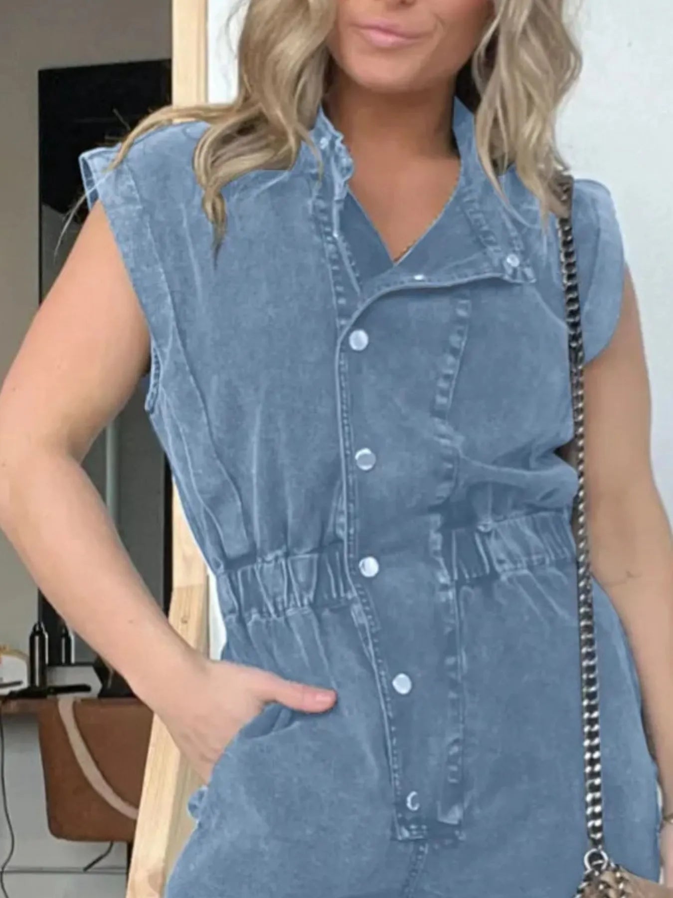 Full Size Button Front Cap Sleeve Denim Jumpsuit Plus Size - kinko