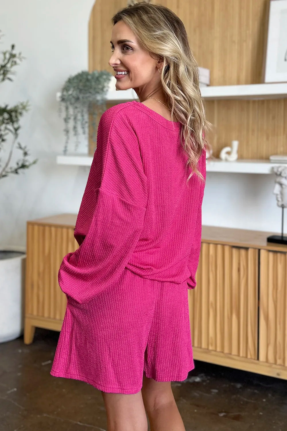 Double Take Full Size Texture V-Neck Long Sleeve T-Shirt and Shorts Set - kinko