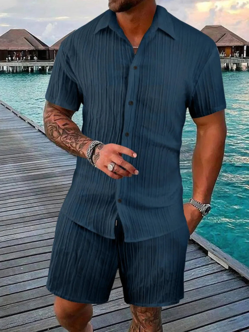 Men's Full Size Button Down Short Sleeve Shirt and Shorts Set Plus Size - kinko