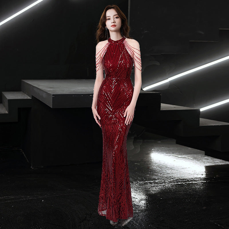 Beaded Sequined Banquet Long Halter Set Diamond Queen Fishtail Evening Gown - kinko