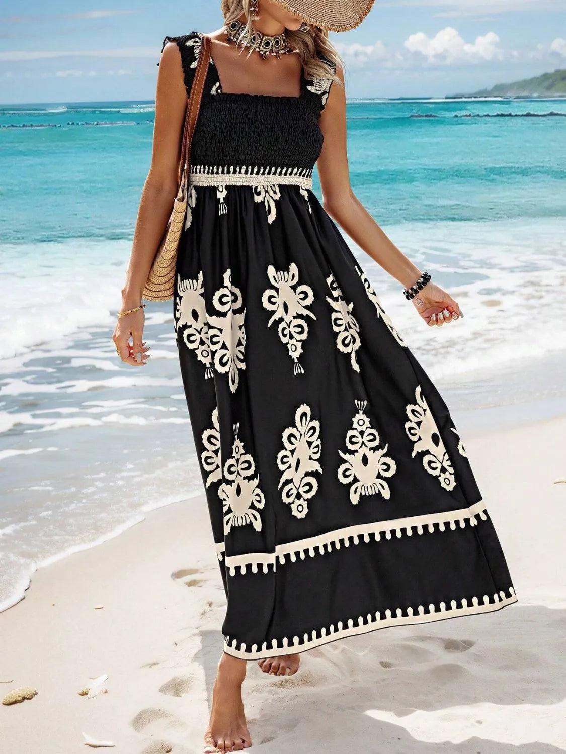 Smocked Printed Wide Strap Maxi Dress - kinko