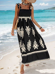 Smocked Printed Wide Strap Maxi Dress - kinko