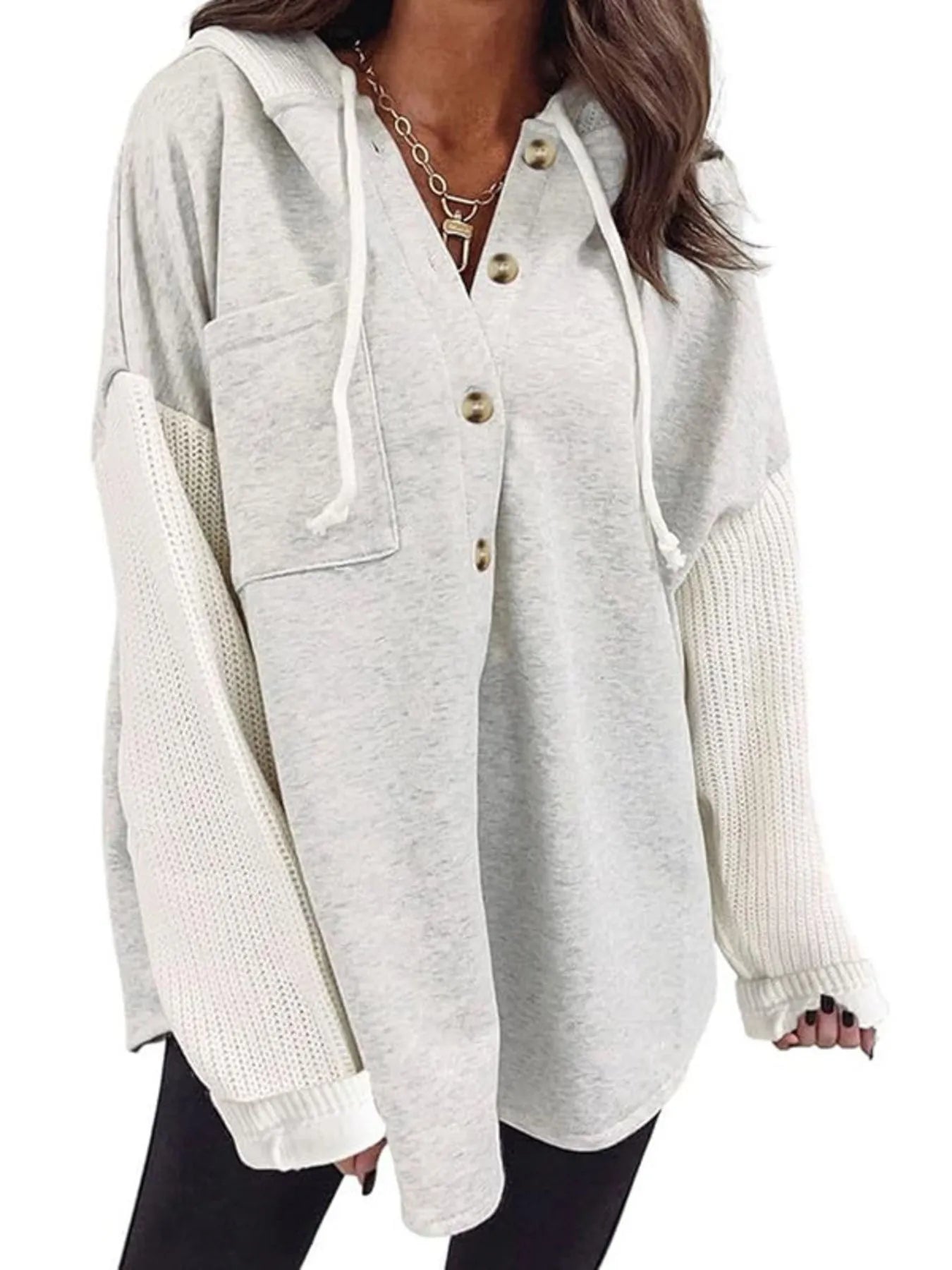Drawstring Button Front Hoodie - kinko