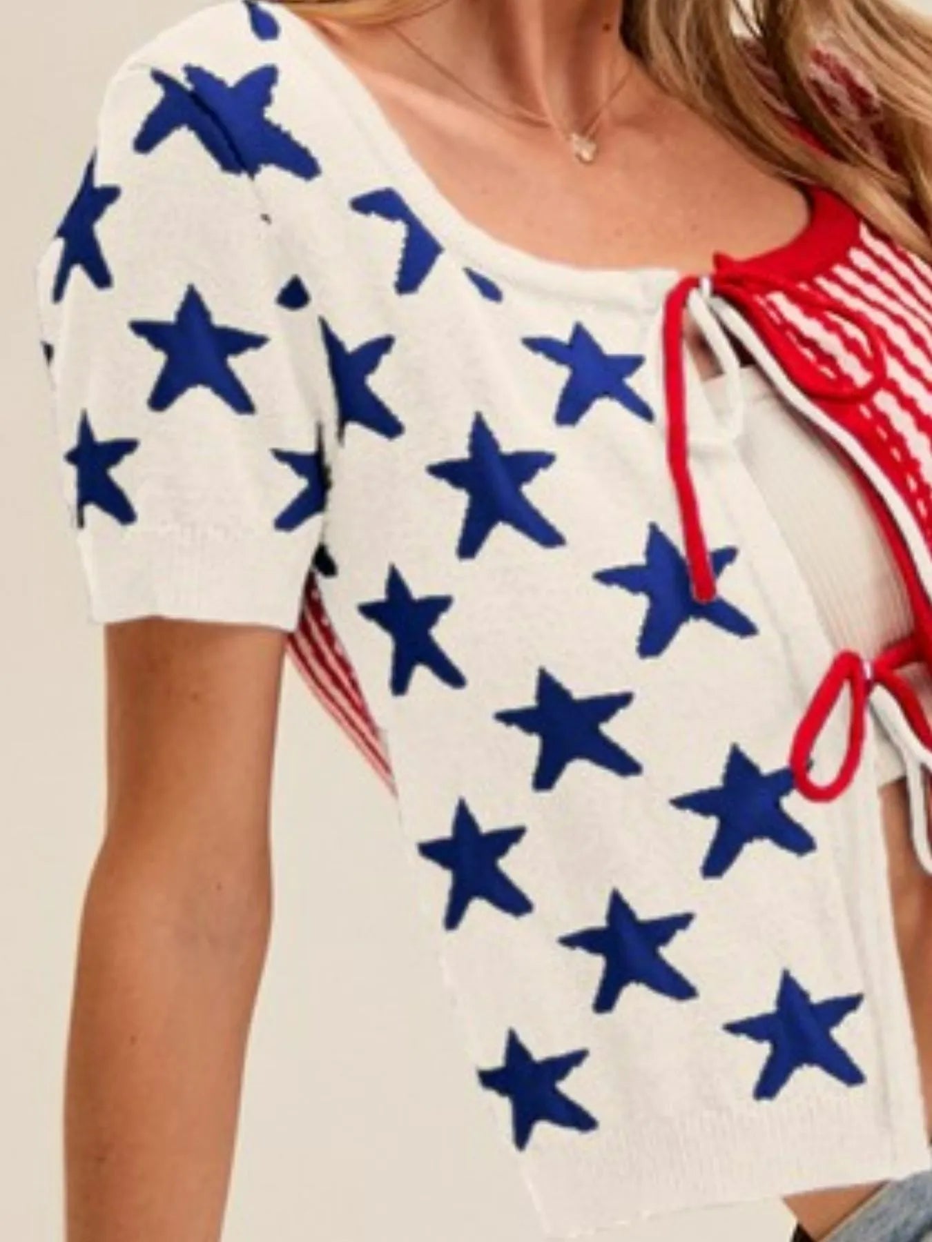 SO ME Stars and Stripe Front Bow Tie Sweater Cardigan - kinko