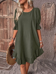 Fashion Ruffle Short-sleeved Dress Summer Solid Color Round Neck Loose Straight Dresses Womens Clothing - kinko