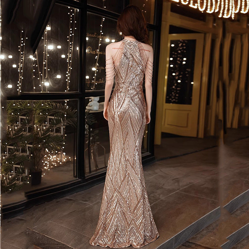 Beaded Sequined Banquet Long Halter Set Diamond Queen Fishtail Evening Gown - kinko