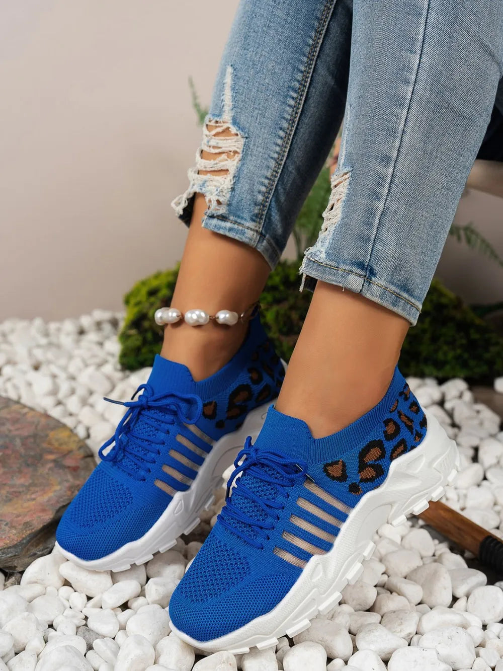 Cutout Leopard Lace Up Mesh Athletic - kinko
