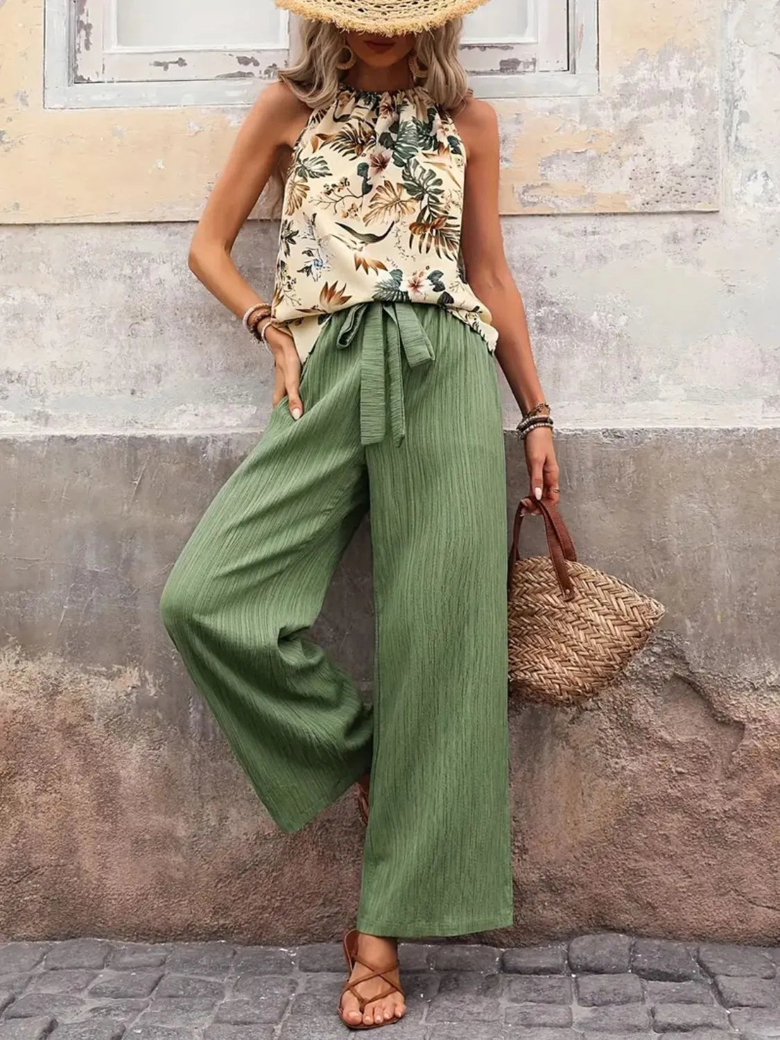 Printed Tank Top and Wide Leg Pants Set - kinko