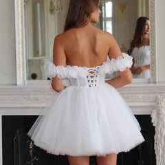 Lace Off-shoulder Mini Wedding Dress - kinko