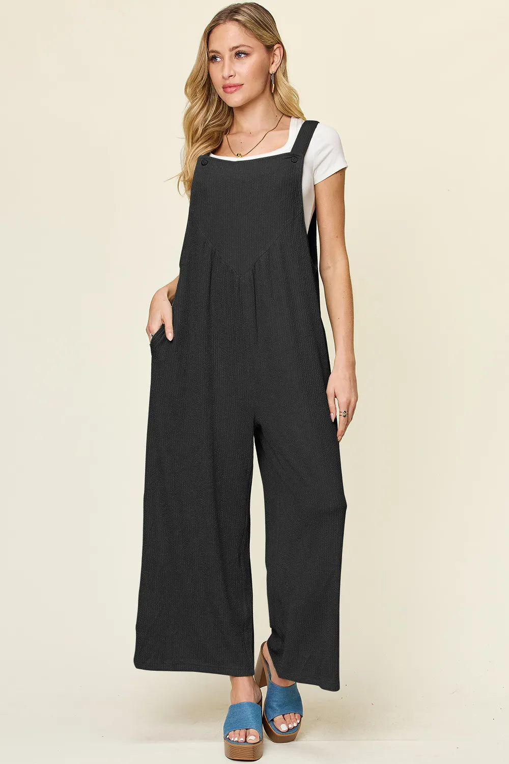Double Take Full Size Texture Sleeveless Wide Leg Overall - kinko