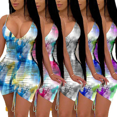 Deep V-neck Tie-dye Print Slim Fit Dress - kinko