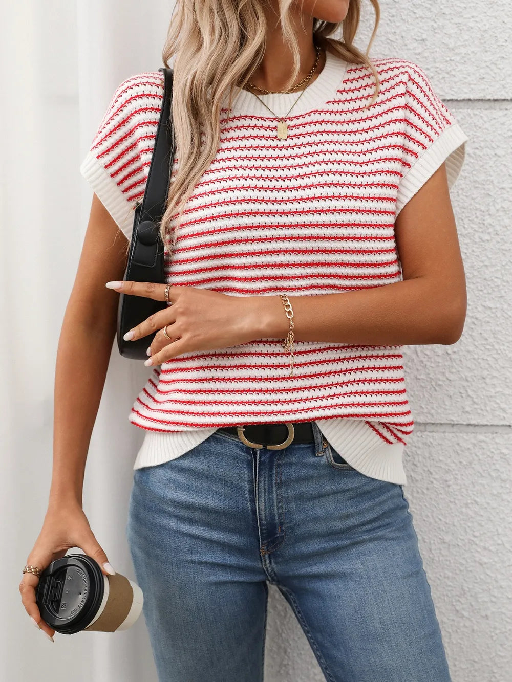 Striped Round Neck Short Sleeve Knit Top - kinko