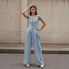 V-neck Double-breasted Sleeveless Wide Leg Overall Jeans - kinko