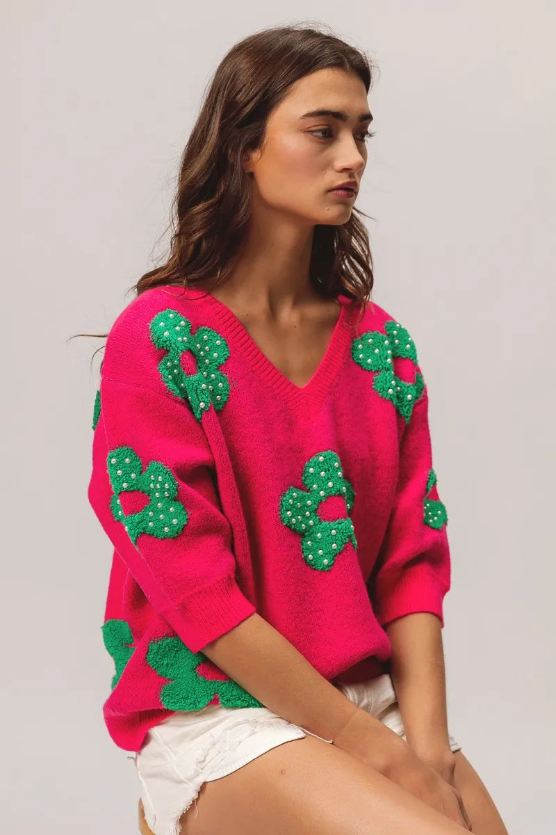 BiBi Pearl Beads Flowers Sweater Top - kinko