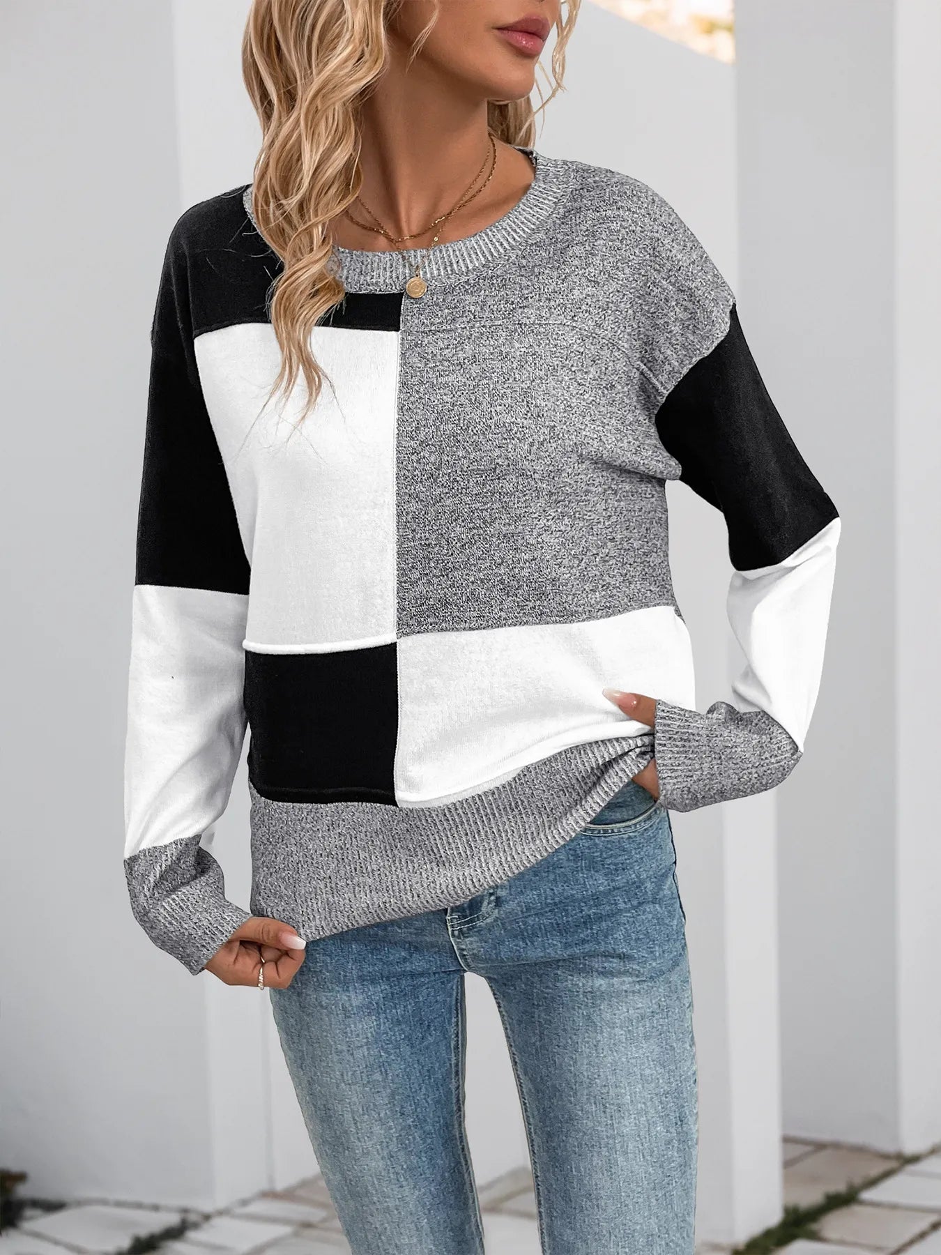 Color Block Knit Long Sleeve Sweater - kinko