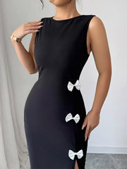 Bow Slit Round Neck Sleeveless Dress - kinko