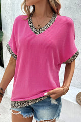 V-Neck Leopard Trim Ribbed Blouse - kinko