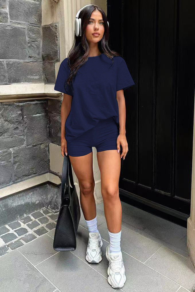 Three Piece Set, Round Neck Short Sleeved Top And Shorts And Pants Set, Sports And Casual Clothing - kinko