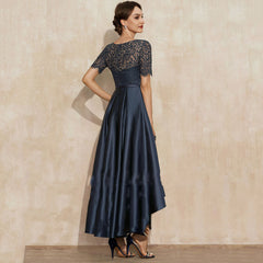 Navy Blue Satin Ball Lace Short Sleeve Dress - kinko