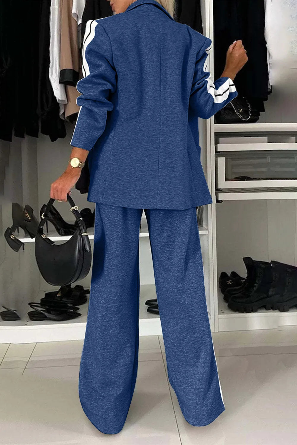Full Size Contrast Lapel Collar Top and Pants Set - kinko