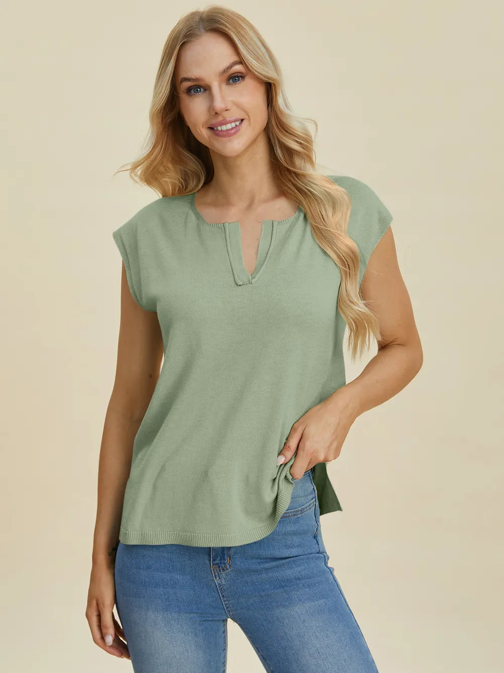 Double Take Full Size Notched Cap Sleeve Knit Top - kinko