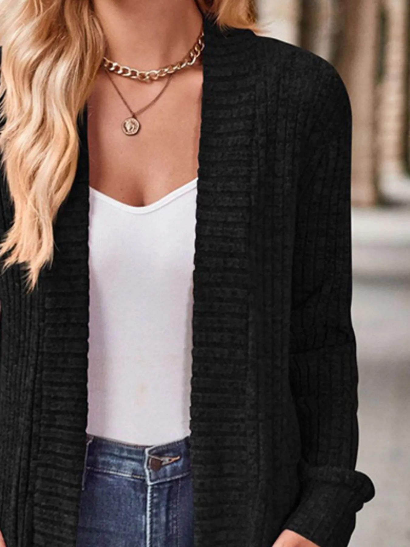 Ribbed Knit Open Front Cardigan with Pockets - kinko
