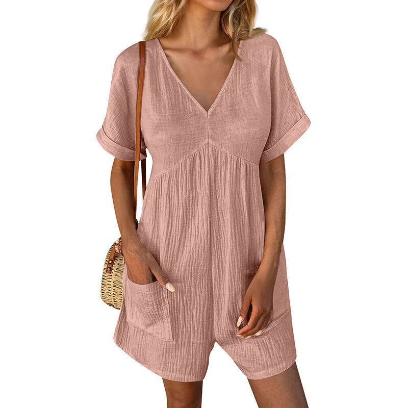 Womens Summer Romper Casual Short Sleeve V Neck Short Jumpsuits With Pockets - kinko