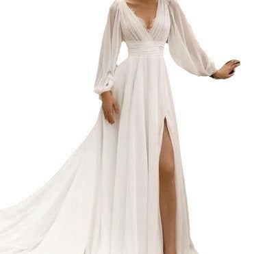 European And American High Waist Plus Size Deep V Long Sleeve Mopping Backless Wedding Dress High Slit - kinko