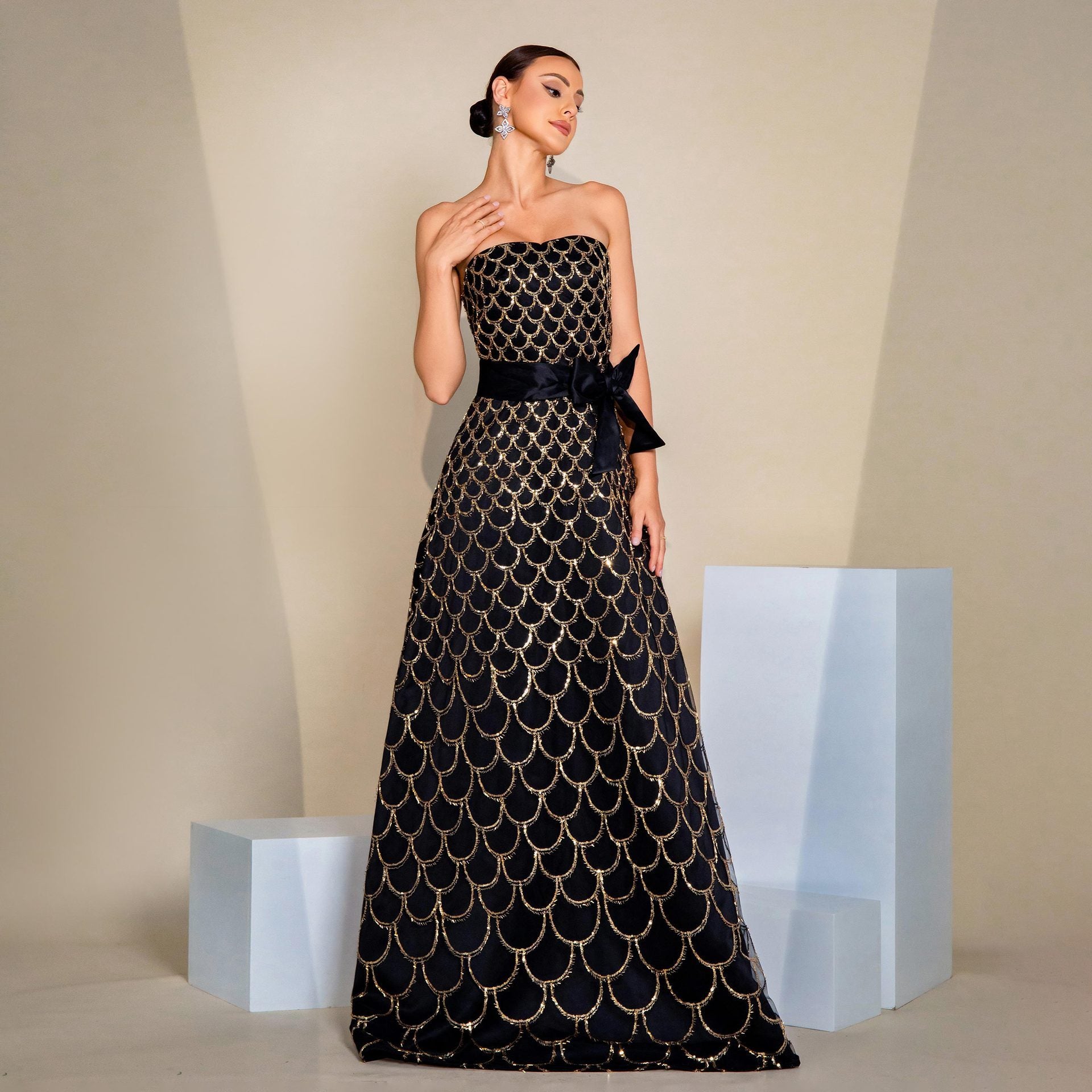 Off-neck Wrapped Chest Nipped-waist Large Swing Sequined Evening Dress - kinko