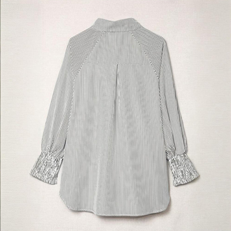 Women's Casual Striped Long Sleeve Shirt With Button-Down Collar & Knit Cuff Detail - Classic Spring&Fall Blouse - kinko